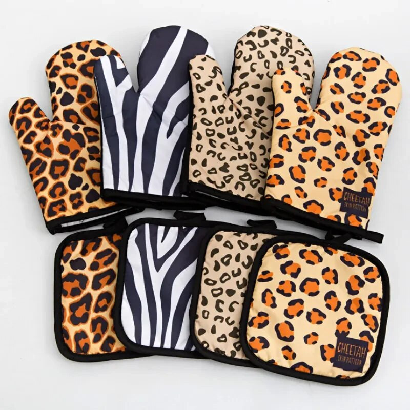 1 set de tampon izolator cu model leopard pentru gătit mănuși pentru cuptor cu microunde, coacere, grătar, suporturi pentru cuptor, mănuși de cuptor, suport pentru oală, mănuși de bucătărie