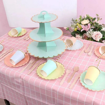 Сгъваема триетажна хартиена поставка за торта Консумативи за парти за рожден ден Десертна маса Декорация на торта Цветна поставка за чинии за кексчета Винтидж