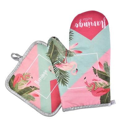 2 komada rukavica za mikrovalnu pećnicu s uzorkom flaminga Podstavljene pamučnim i lanenim rukavicama za pećnicu otpornim na visoke temperature za kuhinjski alat za kuhanje