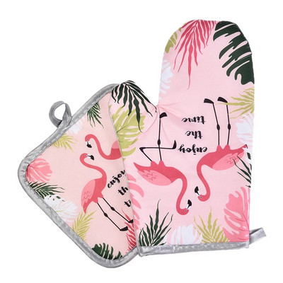 2 komada rukavica za mikrovalnu pećnicu s uzorkom flaminga Podstavljene pamučnim i lanenim rukavicama za pećnicu otpornim na visoke temperature za kuhinjski alat za kuhanje
