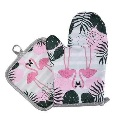 2 komada rukavica za mikrovalnu pećnicu s uzorkom flaminga Podstavljene pamučnim i lanenim rukavicama za pećnicu otpornim na visoke temperature za kuhinjski alat za kuhanje