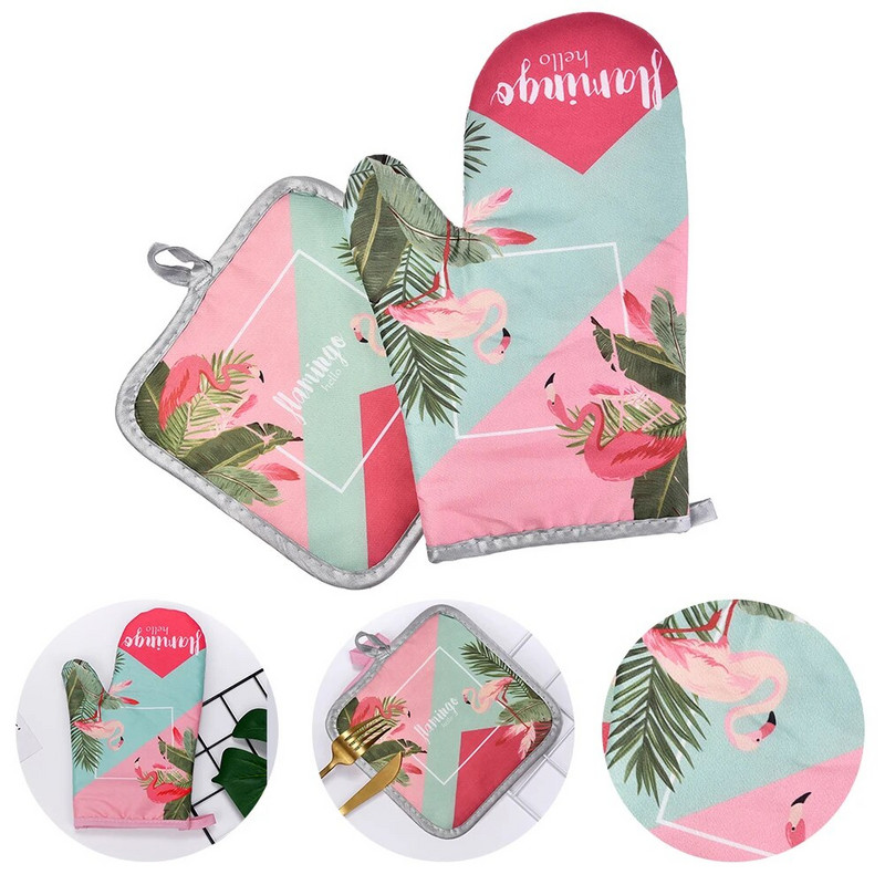 2 komada rukavica za mikrovalnu pećnicu s uzorkom flaminga Podstavljene pamučnim i lanenim rukavicama za pećnicu otpornim na visoke temperature za kuhinjski alat za kuhanje