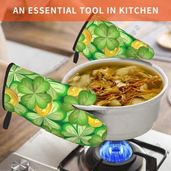 St.patrick Day Clovers Golden Coin Γάντια φούρνου Σετ 2 ανθεκτικά στη θερμότητα για άνδρες Γυναίκες για μαγείρεμα Αξεσουάρ κουζίνας ψησίματος