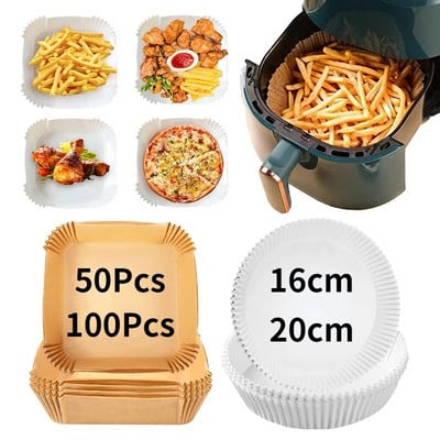 50/100 db Légsütő sütőpapír grilltányérhoz, kerek sütőlap alátét 16/20 cm AirFryer olajálló eldobható papírbetét