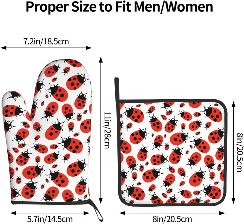 Rukavica za pećnicu i držači za lonce Set od 2 dijela, crvena bubamara, pamučna podstava, neklizajuće rukavice za roštilj