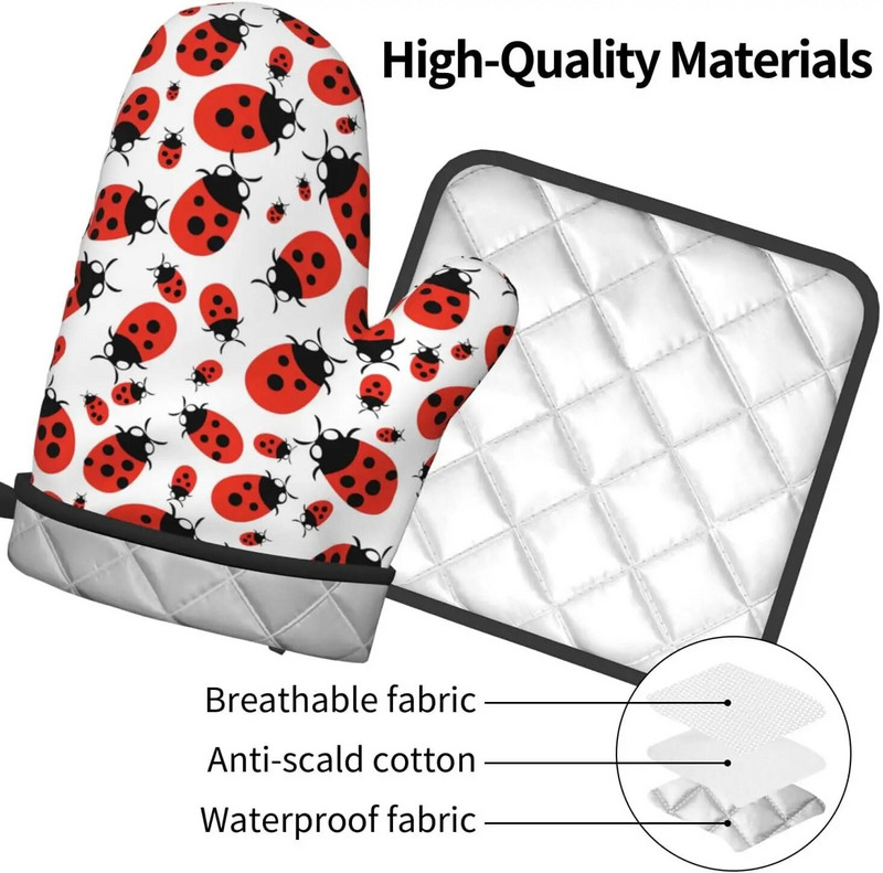 Rukavica za pećnicu i držači za lonce Set od 2 dijela, crvena bubamara, pamučna podstava, neklizajuće rukavice za roštilj