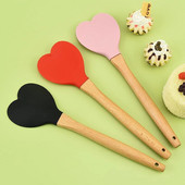 1x Spatule de patiserie din silicon în formă de inimă, cu mâner de lemn, lingură pentru prăjituri, accesorii pentru copt, unelte de bucătărie, accesorii, ustensile