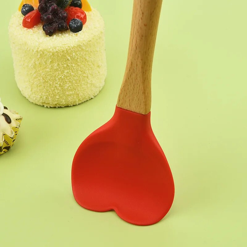 1x Spatule de patiserie din silicon în formă de inimă, cu mâner de lemn, lingură pentru prăjituri, accesorii pentru copt, unelte de bucătărie, accesorii, ustensile
