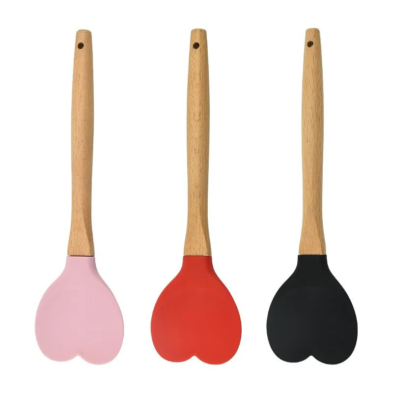 1x Spatule de patiserie din silicon în formă de inimă, cu mâner de lemn, lingură pentru prăjituri, accesorii pentru copt, unelte de bucătărie, accesorii, ustensile