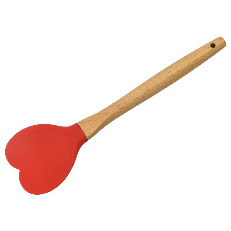 1x Spatule de patiserie din silicon în formă de inimă, cu mâner de lemn, lingură pentru prăjituri, accesorii pentru copt, unelte de bucătărie, accesorii, ustensile