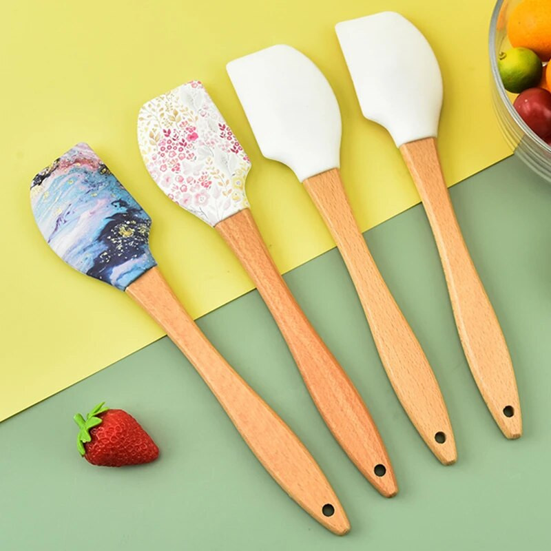 1 buc. Racletă de copt pentru cremă de silicon cu mâner lung din lemn Spatulă antiaderentă de bucătărie Blendere de patiserie Mixer de unt Instrumente de copt