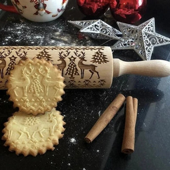 35CM Коледна релефна точилка Дърворезбовани бисквити Бисквити Фондан Тесто Печене Гравиран печатен валяк Празнични подаръци