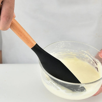 Дълга дървена дръжка Фондан Шпатула за торта Силиконов крем Масло Скрепер за печене Кухненски бисквити Сладкарски блендери Тесто Миксер за брашно