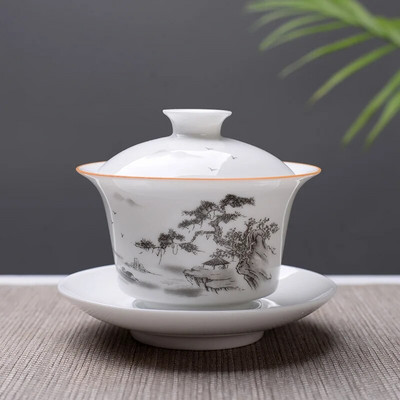 Visokokvalitetni Gaiwan set za čaj od bijelog koštanog porculana, Putni keramički set za čaj, Bijeli kung fu set za čaj, Gaiwan šalica od kineskog porculana