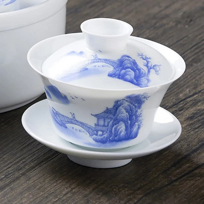 Ručno nacrtana porculanska juha od bijelog kineskog gaiwan kakija sa šalicom na tanjuriću Podmetač za čaše Pokrivena zdjela s poklopcem Ručno oslikane šalice