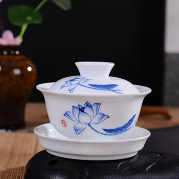 Керамични прибори за чай Gaiwan, Sancai, купа за чай, супник, сини и бели порцеланови чаши за чай, комплект чаша и чинийка с лотос, малък размер 3,5 инча