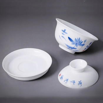 Керамични прибори за чай Gaiwan, Sancai, купа за чай, супник, сини и бели порцеланови чаши за чай, комплект чаша и чинийка с лотос, малък размер 3,5 инча