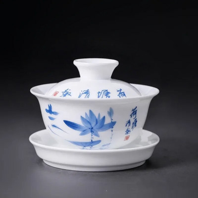 Kerámia Gaiwan kínai teásedény Sancai teástál tureen kék-fehér porcelán teáscsészék Lótusz csésze és csészealj készlet 3,5" kis méretű