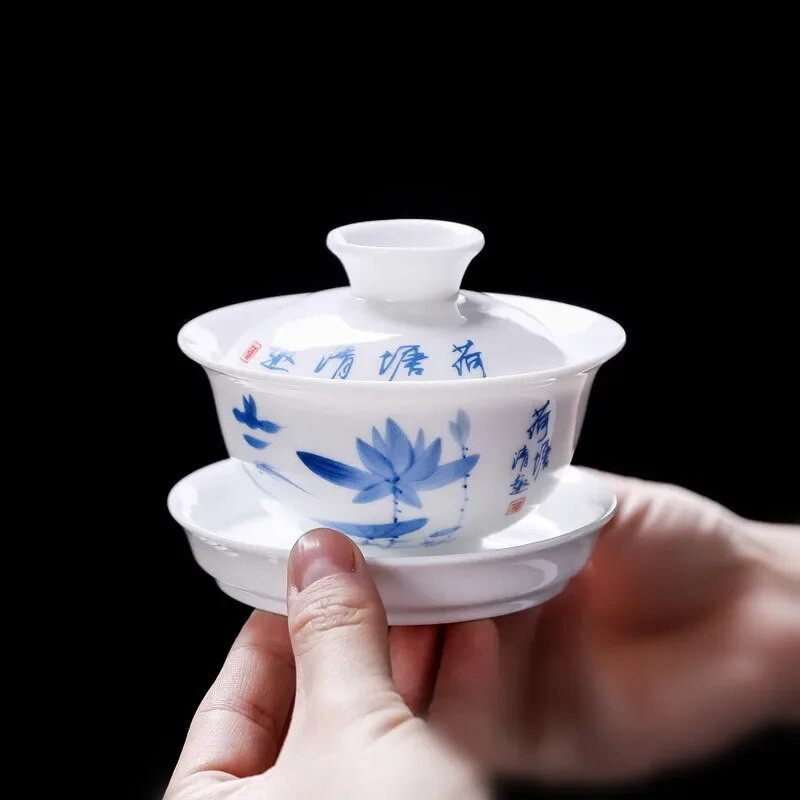 Keramičke gaiwan kineske posude za čaj Sancai zdjela za čaj Tureen plavo-bijele porculanske šalice za čaj set lotosovih šalica i tanjurića male veličine 3,5 inča