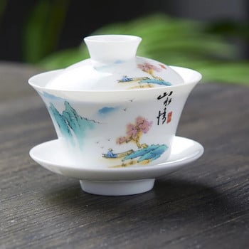 Ръчно нарисуван бял Китай Gaiwan Райска ябълка Порцеланова супница Jingdezhen Gaiwan Чаен комплект Чаи за китайски чай Chawanmushi Купа с капак