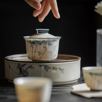 Ръчно рисуван бамбук Gaiwan Високо бял порцелан Синьо и бяло Ръчно рисувана купа с капак Китайска кунгфу купа за чай
