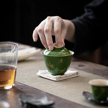 Купа с изумрудено позлатено покритие Антична есенна водна орхидея Gaiwan Купа за приготвяне на чай в китайски стил Кунг-фу порцеланова Gaiwan