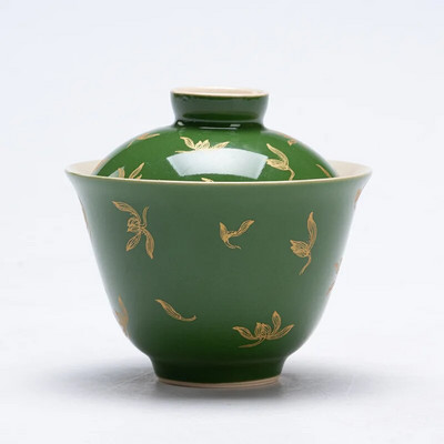 Smaragdinis paauksuotas dubuo senovinis rudens vandens orchidėja Gaiwan kinų stiliaus arbatos gaminimo dubuo Kungfu porcelianinis Gaiwan