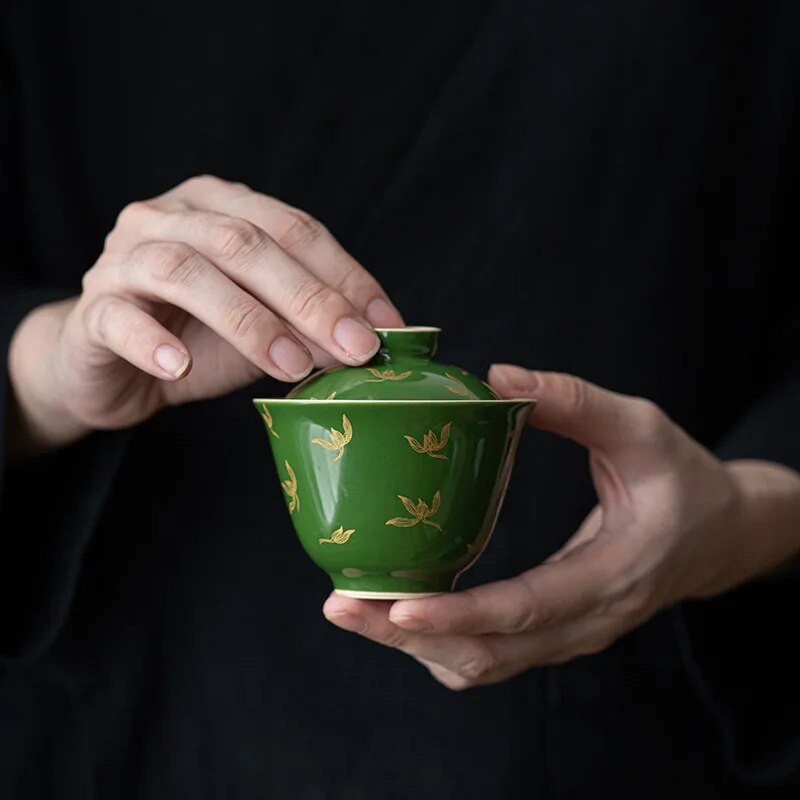 Smaragdinis paauksuotas dubuo senovinis rudens vandens orchidėja Gaiwan kinų stiliaus arbatos gaminimo dubuo Kungfu porcelianinis Gaiwan