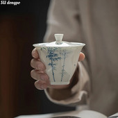 200 ml Jade Clay fehér porcelán, kézzel festett kék és fehér bambusz Gaiwan kínai stílusú egyszerű teafőző tál