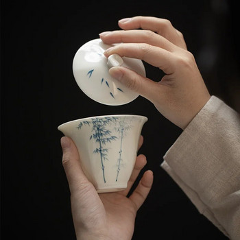200 ml νεφρίτης πηλός λευκής πορσελάνης ζωγραφισμένο στο χέρι Μπλε και λευκό μπαμπού Gaiwan Μπολ για παρασκευή τσαγιού σε κινέζικο στυλ