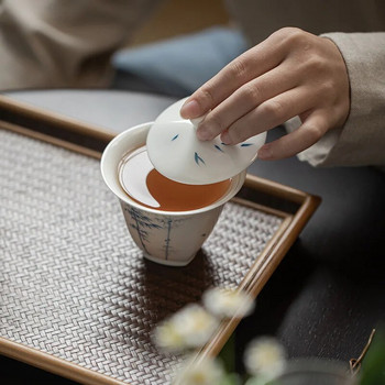 200 ml нефритова глина от бял порцелан, ръчно рисуван син и бял бамбук Gaiwan, проста купа за приготвяне на чай в китайски стил