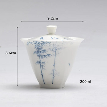 200 ml нефритова глина от бял порцелан, ръчно рисуван син и бял бамбук Gaiwan, проста купа за приготвяне на чай в китайски стил