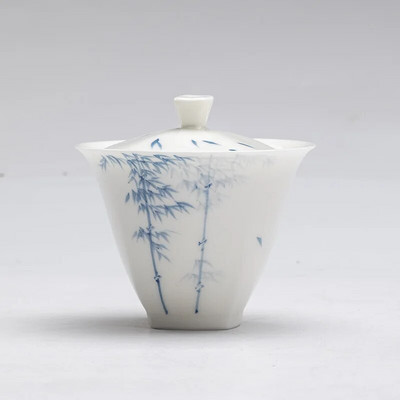 200 ml Jade Clay fehér porcelán, kézzel festett kék és fehér bambusz Gaiwan kínai stílusú egyszerű teafőző tál