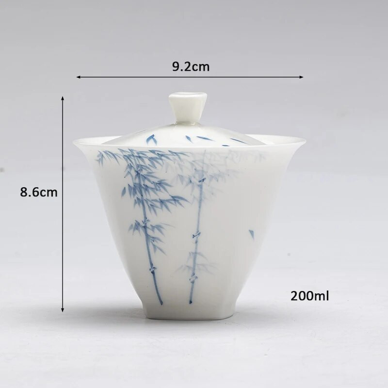 200 ml Jade Clay fehér porcelán, kézzel festett kék és fehér bambusz Gaiwan kínai stílusú egyszerű teafőző tál