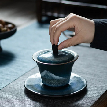 Купа с капак Керамична купа с капак с три сили Домакинска чаша за чай Купа за чай Кунг-фу Комплект за чай Уред за приготвяне на чай Gaiwan Китайски комплект за чай
