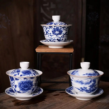 Бяла керамична купа за чай, чаши за чай пуер с комплект чинийки и капаци, китайски прибори за чай, Sancai Gaiwan, супник Chawan от китайски порцелан
