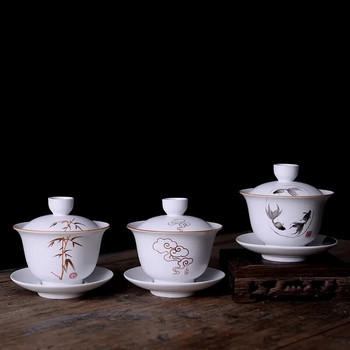 Бяла керамична купа за чай, чаши за чай пуер с комплект чинийки и капаци, китайски прибори за чай, Sancai Gaiwan, супник Chawan от китайски порцелан