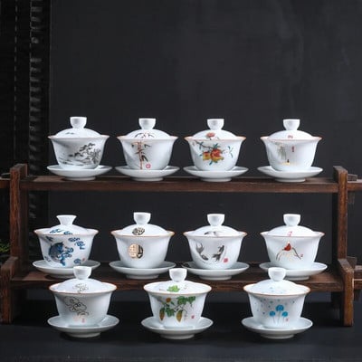 Fehér kerámia teástál, Puer teáscsészék csészealjjal és fedéllel, kínai teásedény, Sancai Gaiwan, kínai porcelán Chawan Tureen