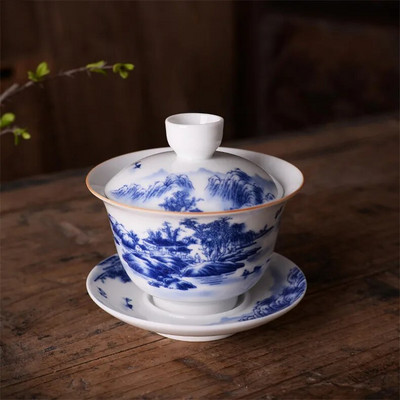 Bijela keramička zdjela za čaj, šalice za puer čaj s tanjurićem i poklopcem, kinesko posuđe za čaj, Sancai Gaiwan, kineska porculanska čaša Chawan Tureen