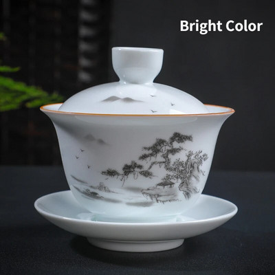 Bijela keramička zdjela za čaj, šalice za puer čaj s tanjurićem i poklopcem, kinesko posuđe za čaj, Sancai Gaiwan, kineska porculanska čaša Chawan Tureen