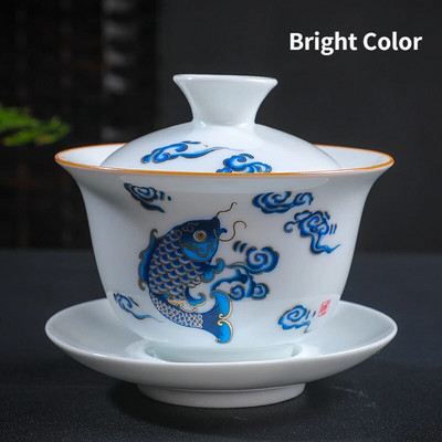 Bijela keramička zdjela za čaj, šalice za puer čaj s tanjurićem i poklopcem, kinesko posuđe za čaj, Sancai Gaiwan, kineska porculanska čaša Chawan Tureen