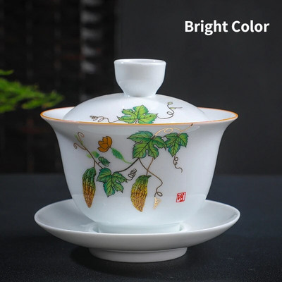 Bijela keramička zdjela za čaj, šalice za puer čaj s tanjurićem i poklopcem, kinesko posuđe za čaj, Sancai Gaiwan, kineska porculanska čaša Chawan Tureen