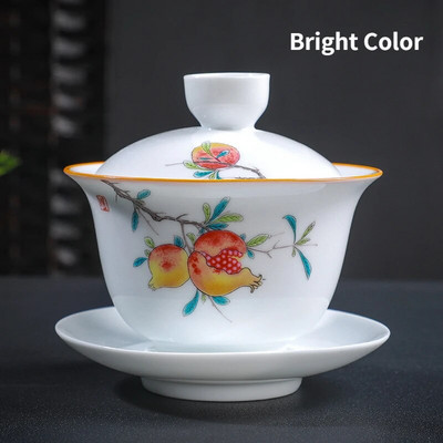 Bijela keramička zdjela za čaj, šalice za puer čaj s tanjurićem i poklopcem, kinesko posuđe za čaj, Sancai Gaiwan, kineska porculanska čaša Chawan Tureen