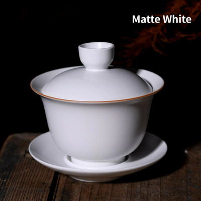 Bijela keramička zdjela za čaj, šalice za puer čaj s tanjurićem i poklopcem, kinesko posuđe za čaj, Sancai Gaiwan, kineska porculanska čaša Chawan Tureen