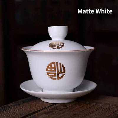 Bijela keramička zdjela za čaj, šalice za puer čaj s tanjurićem i poklopcem, kinesko posuđe za čaj, Sancai Gaiwan, kineska porculanska čaša Chawan Tureen