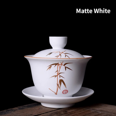 Bijela keramička zdjela za čaj, šalice za puer čaj s tanjurićem i poklopcem, kinesko posuđe za čaj, Sancai Gaiwan, kineska porculanska čaša Chawan Tureen