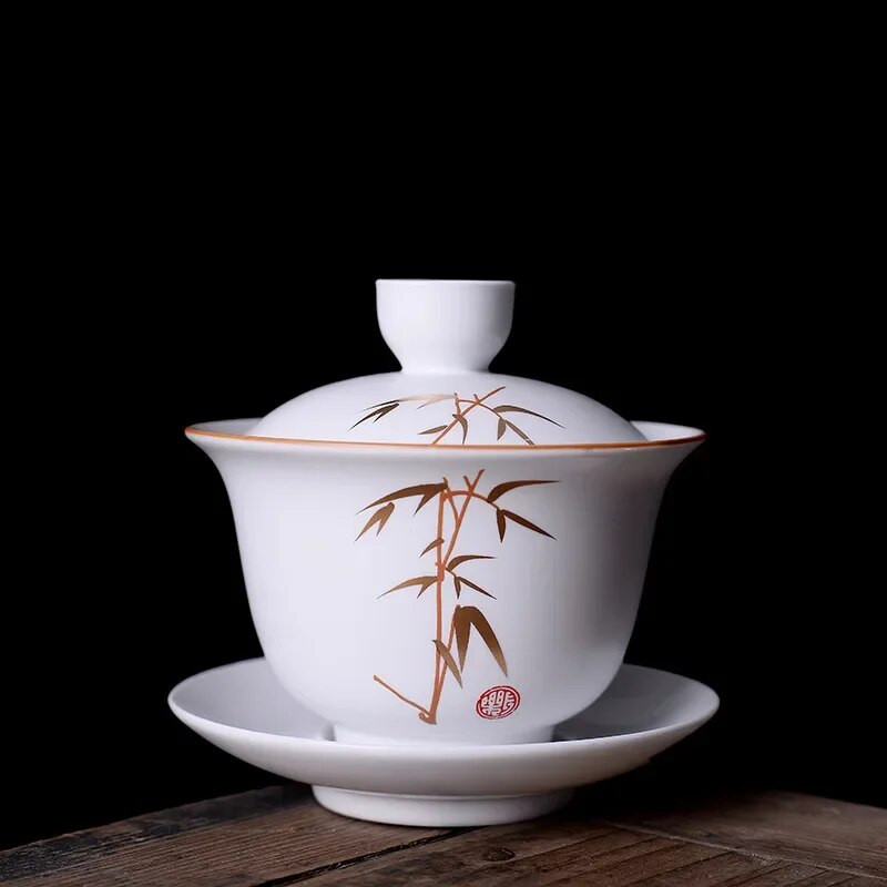 Bijela keramička zdjela za čaj, šalice za puer čaj s tanjurićem i poklopcem, kinesko posuđe za čaj, Sancai Gaiwan, kineska porculanska čaša Chawan Tureen