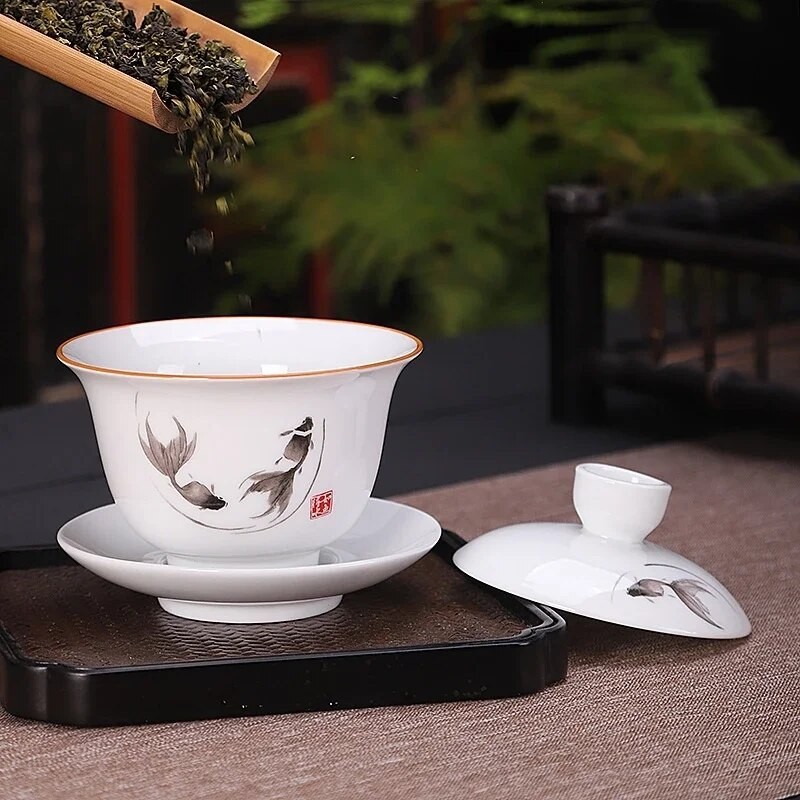 Bijela keramička zdjela za čaj, šalice za puer čaj s tanjurićem i poklopcem, kinesko posuđe za čaj, Sancai Gaiwan, kineska porculanska čaša Chawan Tureen