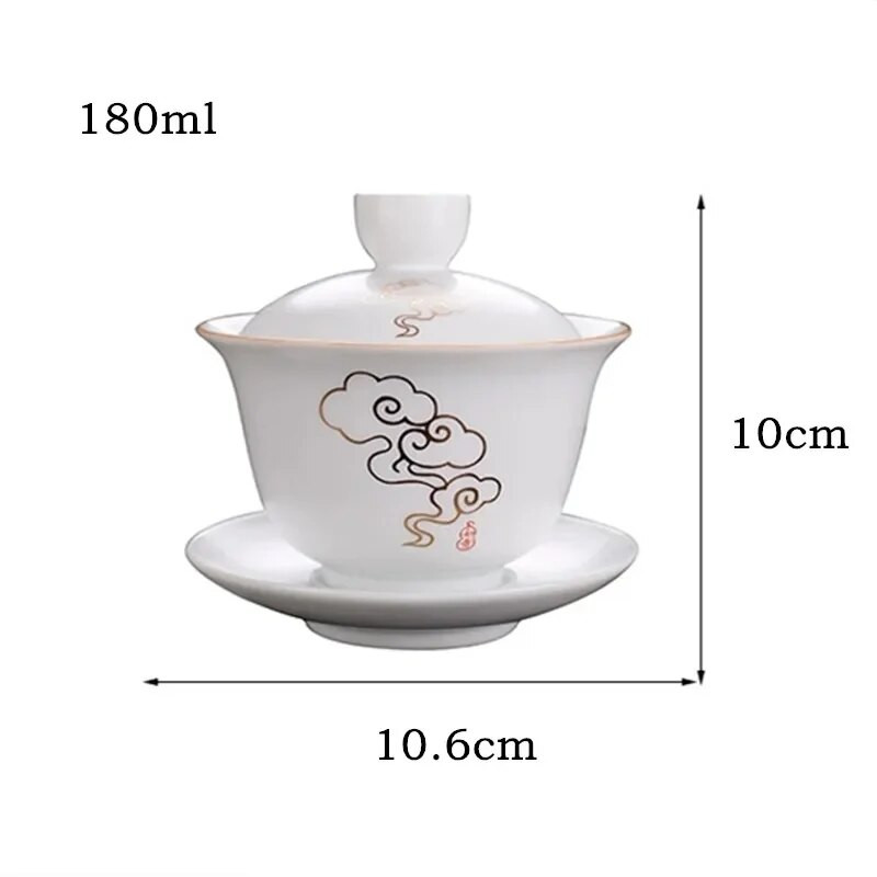 Bijela keramička zdjela za čaj, šalice za puer čaj s tanjurićem i poklopcem, kinesko posuđe za čaj, Sancai Gaiwan, kineska porculanska čaša Chawan Tureen