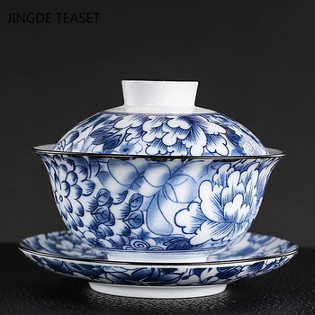 Ретро керамична чаша за чай Gaiwan, ръчно изработена шарка на цветя Чаена супница Купа Луксозни китайски порцеланови прибори за чай Аксесоари Съдове за напитки 160 ml